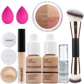 PHOERA Foundation, PHOERA Contour Palette,Shades with Highlighter & Bronzer & Blush,Up to 24 Hour Fresh Wear (104+105+ #002 Contour/Buff Beige+Sand+#002)