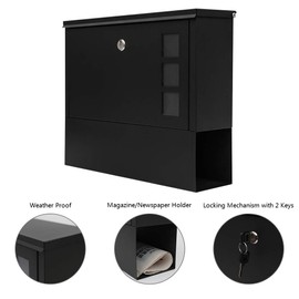 KYODOLED Locking Mailbox Wall Mount,Locked Mailboxes for Outside,Mail Box with Key Lock,Large Capacity Mailbox for Newspapers,14.3 x 4.1 x 11.8 Inch, Black