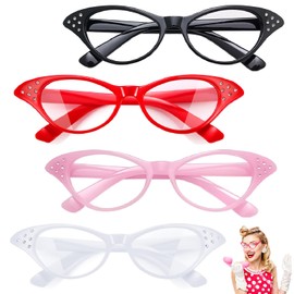Viicoor 4 Pieces Cat Eye Glasses with Rhinestone 50's 60's Retro Party Costume Glasses, Hip Hop Vintage Glasses for Theme Party Cosplay Costume