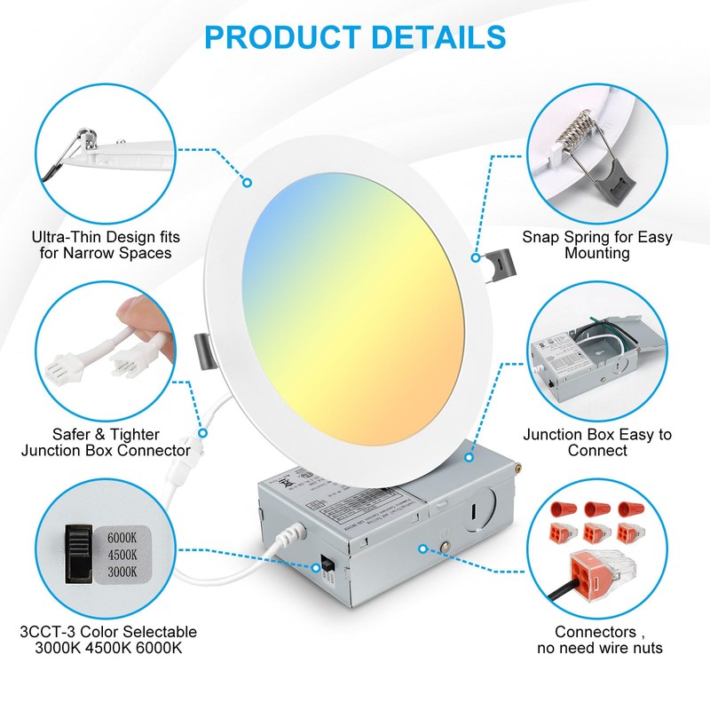 6 Pack 7 Inch 3CCT Ultra-Thin LED Recessed Light with