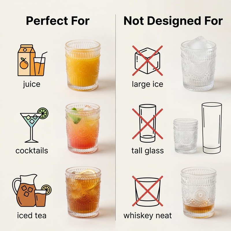 Kingrol 6 Pack SMALL 9 oz Drinking Glasses, Vintage Embossed