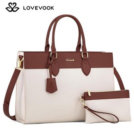 LOVEVOOK Mothers' Day Laptop Tote Bag with Texture and Waterproof Leather, Minimalist Design Crossbody Bag, Shoulder Bags Perfect for Daily Use by Doctors, Nurses, Teachers, and Professional Work Bags Women for Travel, Commuting,Everyday Bag:_Beige-Brown_15.6in
