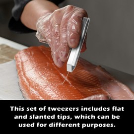 Fish Bone Tweezers, Flat and Slant Tweezers Set, Heavy Duty Stainless Steel Kitchen Tools for Removing Salmon Bones, Chicken Feathers and Pig Bristles, Dishwasher Safe