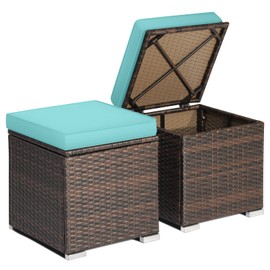 RELAX4LIFE Wicker Outdoor Storage Ottoman, 2-Piece Rattan Footstool w/Removable Cushion, Multipurpose Footrest Stool Side Table Additional Seating, Set of 2 Outdoor Ottomans for Patio Deck (Turquoise)