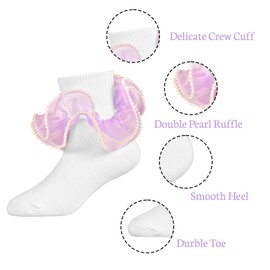 WBZOTSS 3 Pairs Toddler Ruffle Socks Cute Pearls Lace Double Frills Socks for Little Girls Dress and Daily Match (US, Age, 4 Years, 6 Years, white/pink/Purple-3 Pairs)