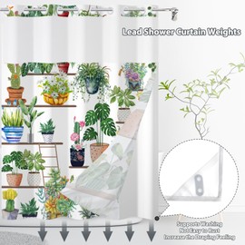 Yanutan No Hook Shower Curtain,Boho Plant Wall Double-Layered Shower Curtain with Snap-in Liner and Weights,Spring Green Plants Botanical Garden Fabric Bath Curtain with See Through Mesh, 71x74in