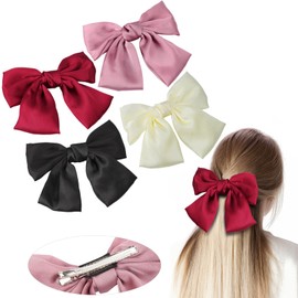 Mbsomnus 4pcs Bow Hair Clips Hair Bow with Sectioning Hair Clips Hair Bows for Women Girls Fabric Satin Hair Accessories for Wedding Bridal Birthday Party - Black Red White Pink