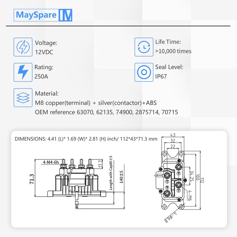 MaySpare 250A Winch Solenoid Relay Contactor 12V Winch Relay for