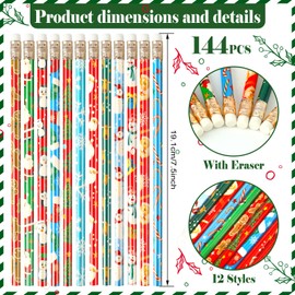 144 Pcs Christmas Pencils for Kids with Erasers Xmas Wood Pencils Santa Snowman Snowflake Candy Cane Stationery Pencils Christmas Tree Holiday HB Pencils for Christmas Winter School Party Favor
