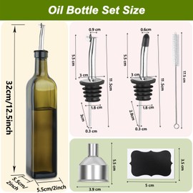 WEILAIDI Green Olive Oil Dispenser Bottle, 1 Pcs Green Glass Oil and Vinegar Dispenser Set with 2 Stainless Steel Pourers, 2 Labels,1 Brush and 1 Funnel Oil Bottles for Kitchen（17oz/500ml）