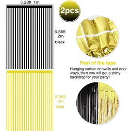 Metallic Tinsel Foil Fringe Curtains Backdrop Black Gold, 2 Pcs 3.28 ft x 6.56 ft Streamers for Birthday Party Graduation New Years Decorations Indoor Outdoor Photo Booth Windows Decoration Supplies