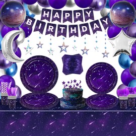 233 Pcs Space Galaxy Party Decoration Star Party Supplies Purple Outer Space Theme Party Supplies Galaxy party Tableware Set Paper Plates Napkins Tablecloth Happy Birthday Banner Favors for 20 Guests