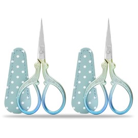 Embroidery Scissors Small Craft Stainless Steel Scissors for Sewing Threading Needlework Handicraft Trimming 2pcs with Fake Leather Scissors Cover - Blue
