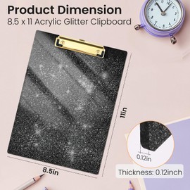 Juvealoe Acrylic Glitter Clipboard, 8.5 x 11 Sparkly Clip Board with Low Profile Gold Clip, Suitable for Classroom School and Office, Desk Accessories, Black