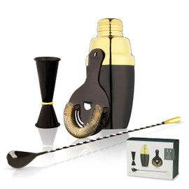 Viski Essential Barware Set, 4 Piece Bar Tool Kit, Includes Cobbler Shaker, Double Jigger, Hawthorne Strainer, and Bar Spoon, Two Tone Gold and Gunmetal, Stainless Steel, Set of 4