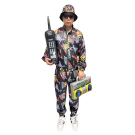 ZEROGOO 80s 90s Outfit for Men, 9 Pcs 80s 90s Costume Tracksuit Accessories Hat Hip Hop Rapper (Black, Large)