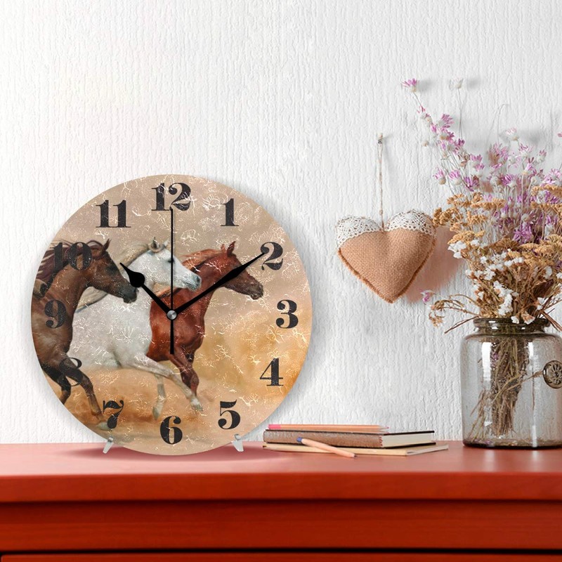 Mnsruu Wall Clock Silent Non Ticking, Round Running Horses Art