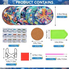 8 Pcs Ocean Creatures Diamond Painting Coasters Kits with Holder,Ocean Creature Diamond Art Coasters with Cork Bases for Adults,Diamond Painting Kits Supplies (Ocean).
