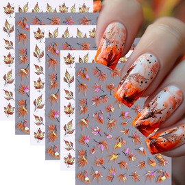 6PCS Fall Nail Art Stickers Decals Autumn Maple Leaf Nail Stickers 3D Self-Adhesive Stroke Maple Leaf Nail Design Sticker Thanksgiving Leaf Nail Supplies Nail Decoration for Women Manicure Accessories