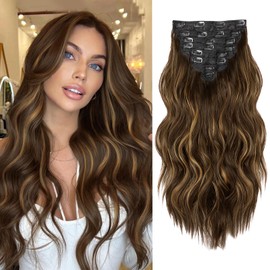 Hair Extensions for Women, 8PCS 20Inch Dark Brown Curly Clip in Hair Extensions Mix Blonde, Synthetic Long Wavy Clip Ins, Full Head Thick Hairpieces for Women