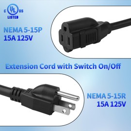 15FT Extension Cord with Waterproof Switch, 14AWG 1875W Black Outdoor Heavy Duty 3 Prong Extension Cable, 14/3 SJTW Extension Cords Control Switch ON/Off 15A 125V Grounded Plug Receptacle, UL Listed