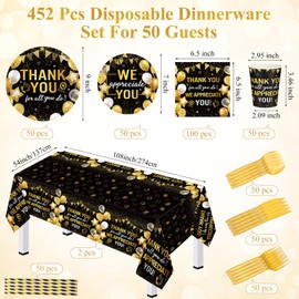 Funnymoom 452 Pcs We Appreciate You Party Decorations Include Thank You Paper Plates Napkins Cups Tablecloth Cutlery Straws Employee Appreciation Party Supplies for Staff Teacher Doctor Graduation