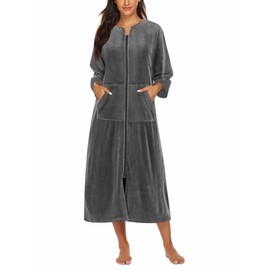 Ekouaer Plush Zipper Lounger Robe with Pockets Grey XL