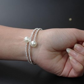 Pearl Bracelets for Women Rhinestone Crystal Pearl Open Bangle Bracelet Pearl Gold Full Rhinestone Bracelet for Women Girls (C)