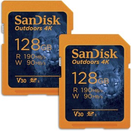 SanDisk 128GB 2-Pack Outdoors 4K SDXC UHS-I Memory Card (2x128GB) - Up to 180MB/s, C10, U3, V30, Trail Camera SD Card - SDSDXWA-128G-GN6V2