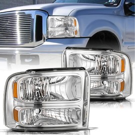 Aosky Headlight Assembly Compatible with 05 06 07 F250 F350 F450 F550 Super Duty / 2005 Excursion Driver and Passenger Side Headlamp Chrome Housing with Amber Reflector