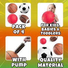 Sports Balls for Kids & Toddlers - (Pack of 4) 5-inch Sports Set Includes Football, Small Size Soccer, Basketball, and Playground Balls, Fun Indoors & Outdoor Toys (Hand Pump Included)