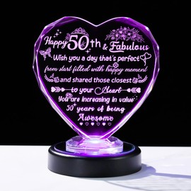 Arikyrist Crystal 50th Happy Birthday Gifts for Women Heart Keepsake for Mum Sisters Friends 50 Years Old with Colorful Light Base Speical 50th Birthday Ornament Presents for Female