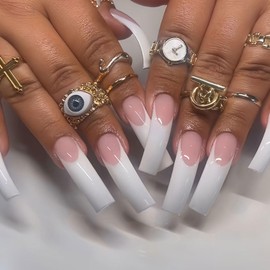 White French Curved Press on Nails Extra Long Square False Nails with Curved Nail Tips Designs Artificial Nails Acrylic Nude Pink Full Cover Nail Press ons Stick on Nails for Women 20 Pcs