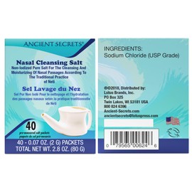 Ancient Secrets Nasal Cleansing Salt, Non-Iodized – USP-Grade Sodium Chloride, 40 Pre-Measured Packets for Any Neti Pot, Sinus Irrigation System + Bonus Pack