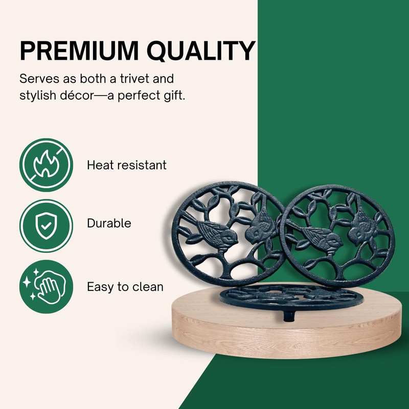 Cast Iron Bird Trivet Set, 3-Pack - Decorative Metal Pot