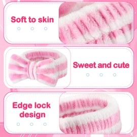 Wavyknot 25 Pcs Spa Headband Bulk Makeup Headbands for Washing Face Cute Bow Hairbands Soft Coral Fleece Hairbands for Women Face Skin Care Makeup Spa Gift Shower Yoga (Stripe Pattern,Pink)