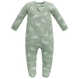 Owlivia Organic Cotton Baby Boy Girl Zip Front Sleep 'N Play, Footed Sleeper, Long Sleeve(0-3Months, Feather Green)
