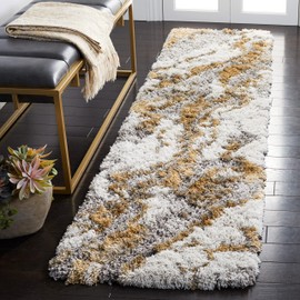 SAFAVIEH Horizon Shag Collection Runner Rug - 2' x 8', Grey & Gold, Modern Abstract Design, Non-Shedding & Easy Care, 2.6-inch Thick Ideal for High Traffic Areas in Living Room, Bedroom (HZN890D)