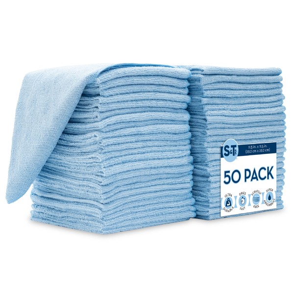S&T INC. Microfiber Cleaning Cloth, Bulk Microfiber Towel for Home, Reusable and Lint Free Cloth Towels for Car, Light Blue, 11.5 Inch x 11.5 Inch, 50 Pack
