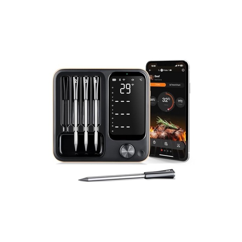 Pakinui Kabelloses Fleischthermometer 4er-Pack, Grillthermometer mit 600mAh Akku