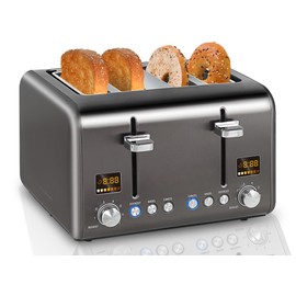 SEEDEEM 4 Slice Toaster, Stainless Bread Toaster Color LCD Display, 7 Bread Shade Settings, 1.4'' Wide Slots Toaster with Bagel/Defrost/Reheat Functions, Removable Crumb Tray, Dark Metallic, 1800W