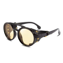 FEISEDY Retro Round Steampunk Sunglasses Women Men Vintage Eyewear Light Plastic Frame with Leatherwear B2532, Yellow