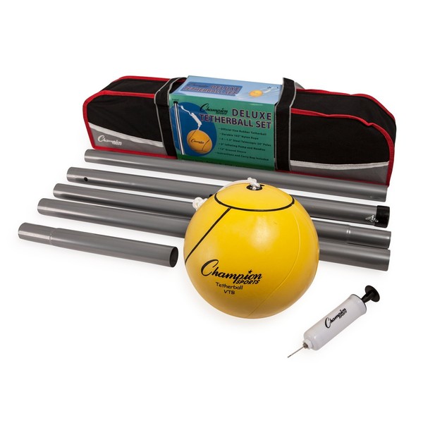 Champion Sports Portable Tetherball Set: Classic Backyard Lawn Beach and Pool Party Game Includes Soft Ball Nylon Rope & Durable Telescopic Pole with Free Air Pump