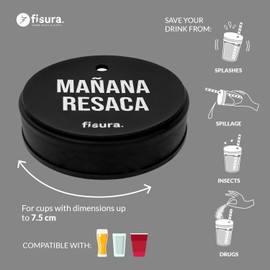 Fisura – Original drink cover. Reusable drink spiking prevention made of silicone. Washable drink protection cup with Straw hole. ("Resaca", Black, 1 unit)