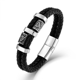 RGEMCY Mens Viking Celtic Bracelet Double Row Braided Leather Bracelet Stainless Steel Cuff Bracelet Jewelry Gift for Men, 8.27Inches, Leather, no gemstone