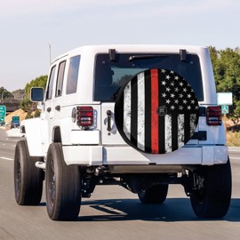 Foruidea USA Patriotic Firefighter Thin Red Line Flag Spare Tire Cover with Backup Camera Hole Wheel Tire Cover Fit Trailer, RV, SUV and Many Vehicle 17inch