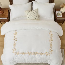 SahSahCasa Long-Staple Cotton Comforter Set Queen Size, Fluffy Comforter, 100% Cotton Comforter Bedding Set for Queen Bed, Embroidery Floral Lightweight Quilted Comforter, 104" × 90", 3pcs, White