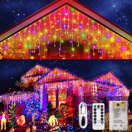 Lxhaung Luces de carámbano multicolor 90 luces LED cortas de 10 pies con 8 modos de control remoto, alimentado por USB y batería, cadena de luces impermeables para interiores y exteriores, día festivo, fiestas