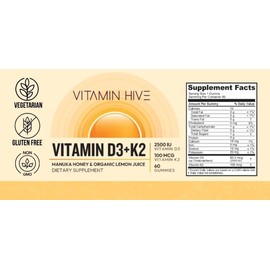 D3 + K2 Gummies – 2500 IU Vitamin D3 & 100 mcg K2 with Manuka Honey & Organic Lemon – Supports Bone, Heart & Immune Health – Non-GMO, Vegetarian – 60 Gummies