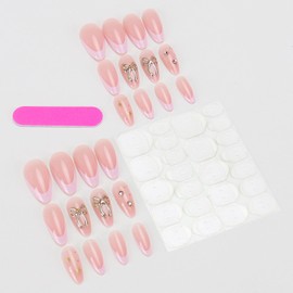 Cute Bow Press on Nails Medium Almond Press on Pink French Tip Fake Nails Gold Star False Nails with 3D Rhinestones Charms Designs Acrylic Nails Nude Full Cover Glue on Nails for Women Manicure 24Pcs